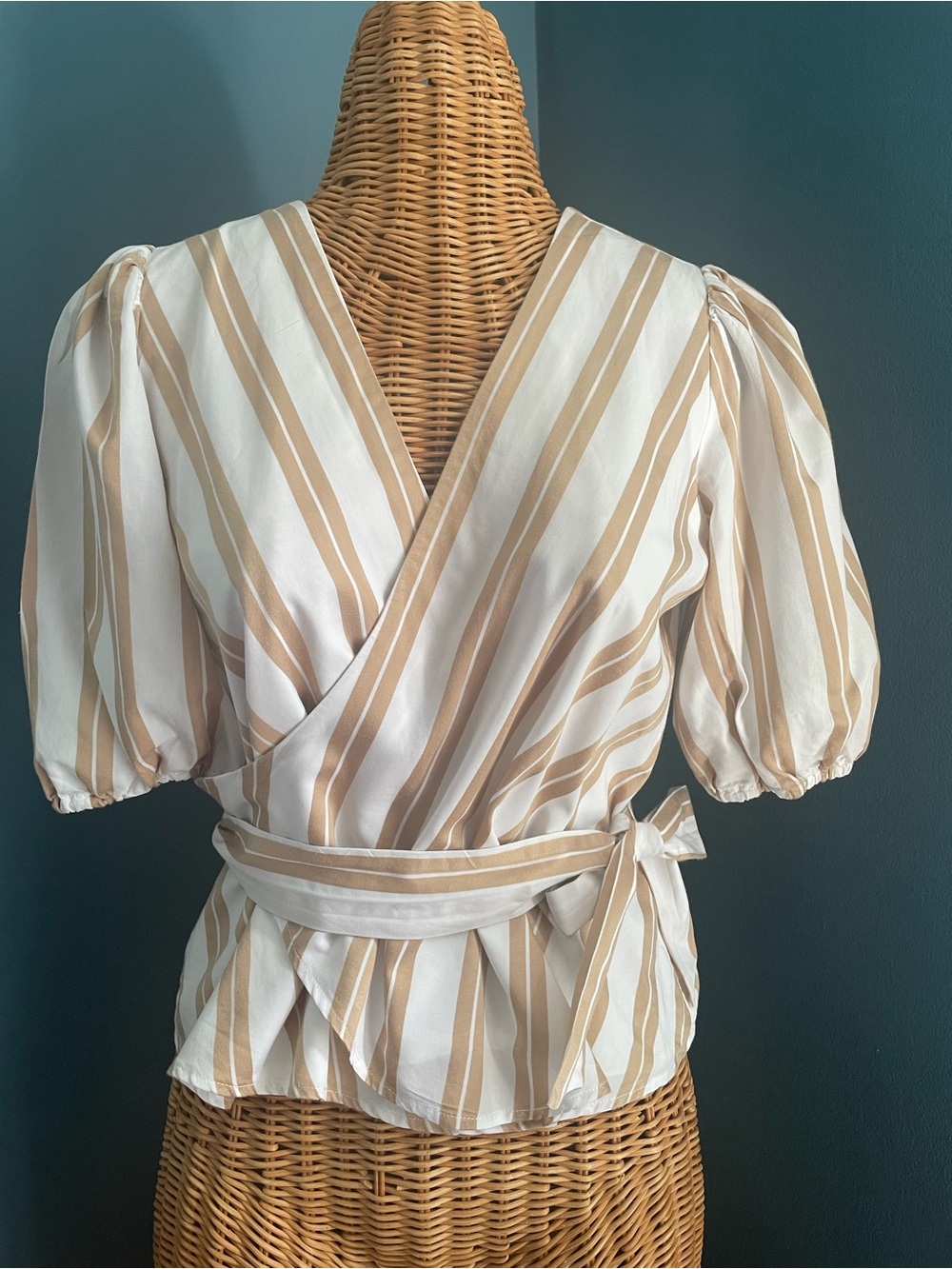 Ann Taylor Striped Belted Wrap Blouse in Whiskey Cream Size Small Petite